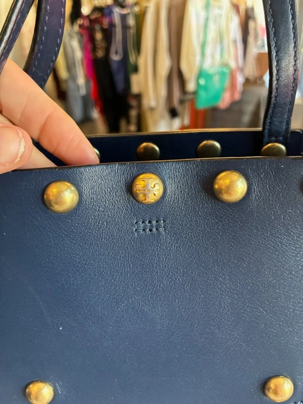 Tory Burch Navy Blue Leather Tote with Gold Studs